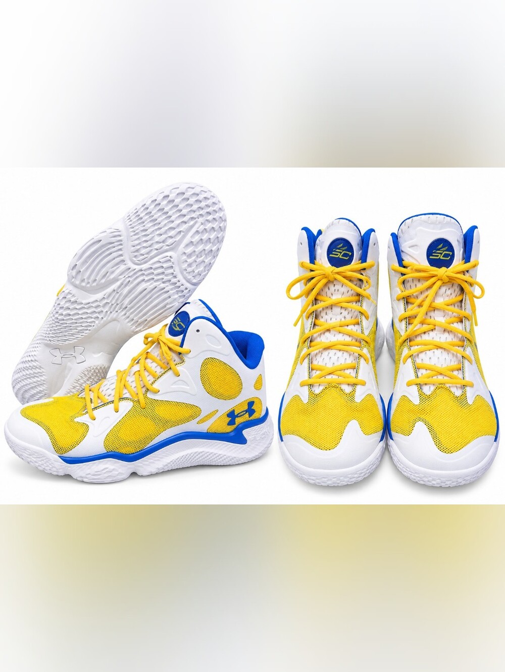 Under Armour Curry Spawn FloTro White Yellow Blue 3026640-108 Men's Sz 14 W 15.5